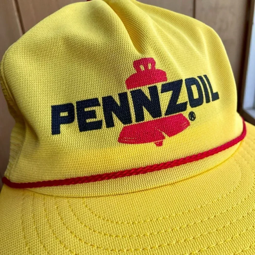 VTG 1980s PENNZOIL Yellow Rope Hat Trucker Cap Snapback Mesh USA Oil Swingster